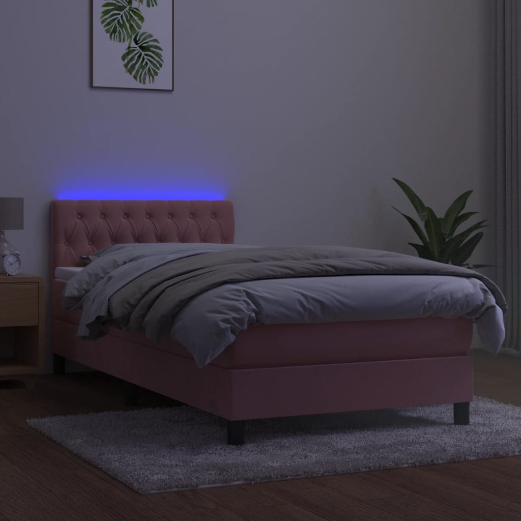 vidaXL Pat cu arcuri, saltea și LED, roz, 90x190 cm, catifea