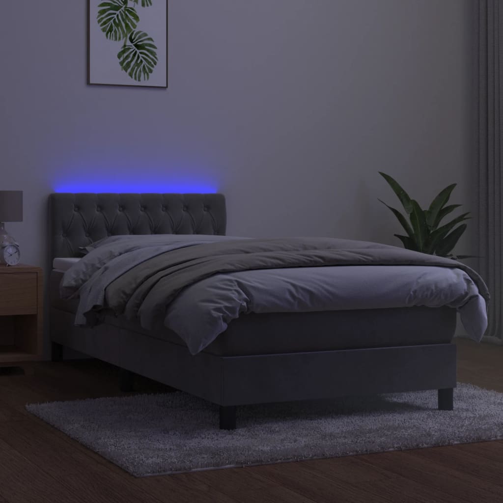 vidaXL Pat cu arcuri, saltea și LED, gri deschis, 90x200 cm, catifea