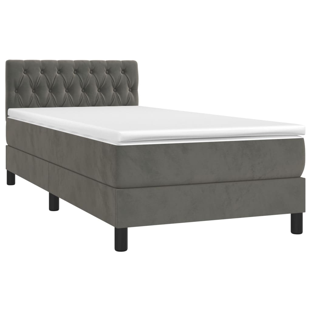 vidaXL Pat cu arcuri, saltea și LED, gri închis, 90x200 cm, catifea