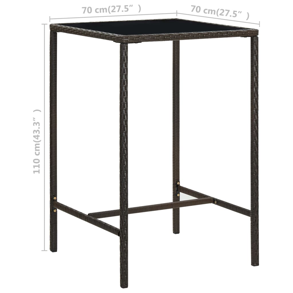 vidaXL Masă de bar de grădină, maro, 70x70x110 cm, poliratan și sticlă vidaXL Masă de bar de grădină, maro, 70x70x110 cm, poliratan și sticlă