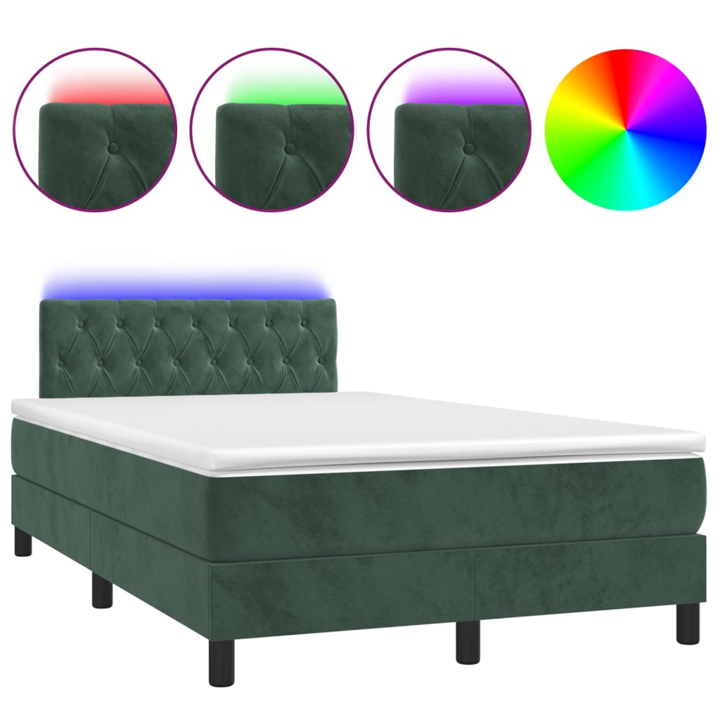 vidaXL Pat cu arcuri, saltea și LED, verde închis, 120x200 cm, catifea vidaXL Pat cu arcuri, saltea și LED, verde închis, 120x200 cm, catifea