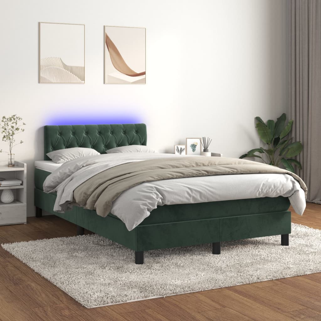 vidaXL Pat cu arcuri, saltea și LED, verde închis, 120x200 cm, catifea vidaXL Pat cu arcuri, saltea și LED, verde închis, 120x200 cm, catifea