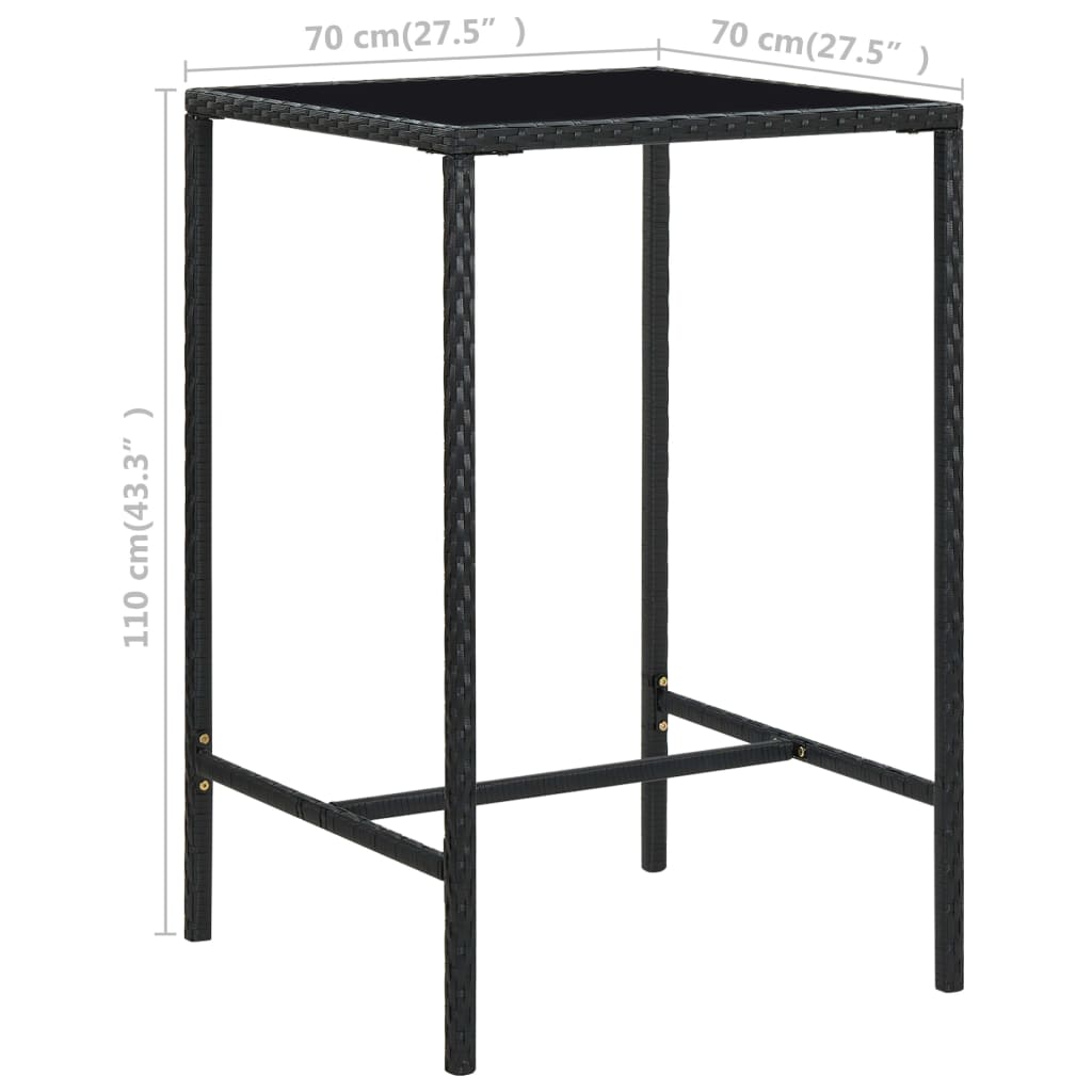 vidaXL Masă de bar de grădină, negru, 70x70x110cm, poliratan și sticlă vidaXL Masă de bar de grădină, negru, 70x70x110cm, poliratan și sticlă