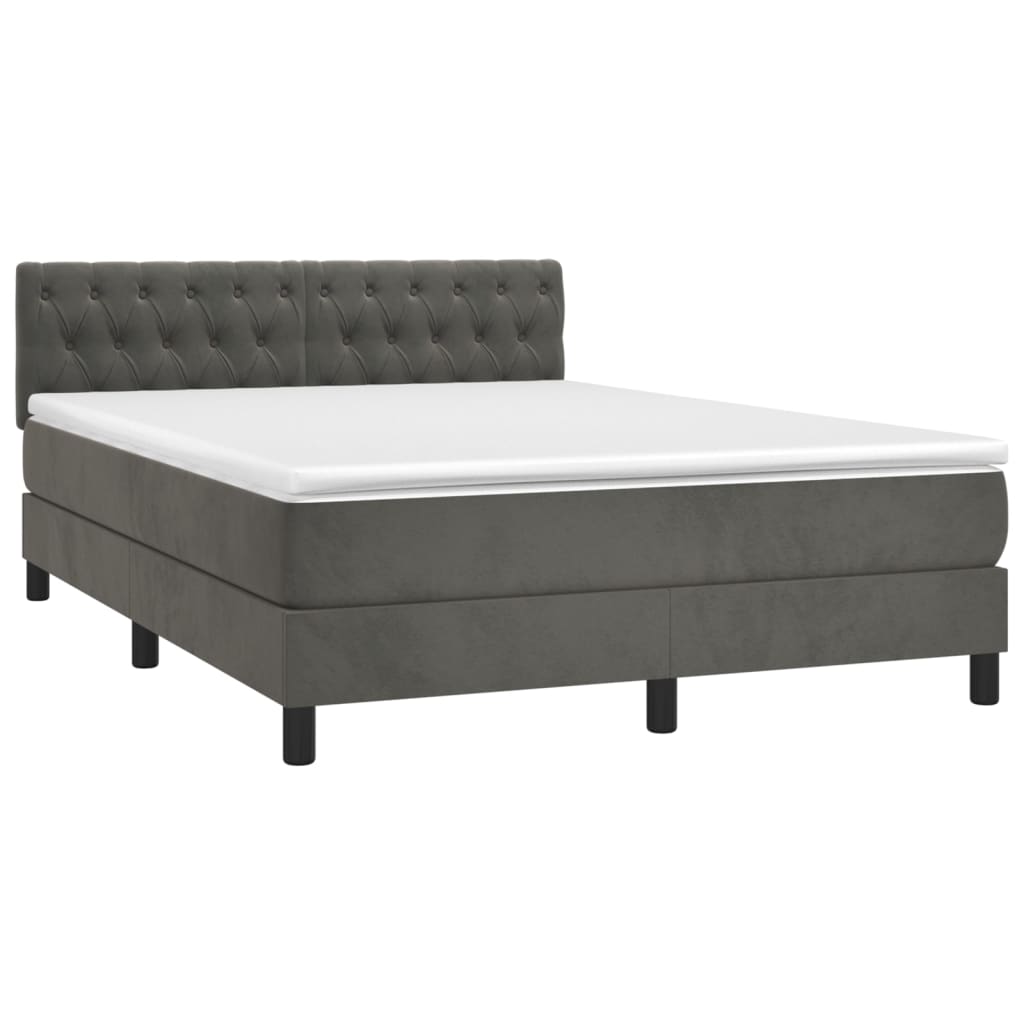 vidaXL Pat cu arcuri, saltea și LED, gri închis, 140x190 cm, catifea