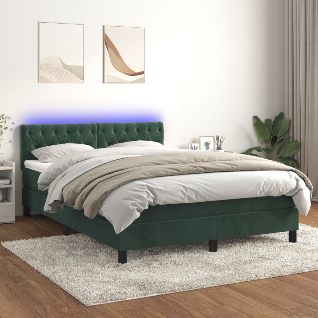 vidaXL Pat cu arcuri, saltea și LED, verde închis, 140x190 cm, catifea vidaXL Pat cu arcuri, saltea și LED, verde închis, 140x190 cm, catifea
