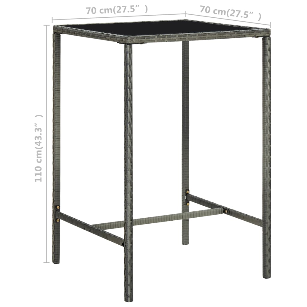 vidaXL Masă de bar de grădină, gri, 70x70x110 cm, poliratan și sticlă vidaXL Masă de bar de grădină, gri, 70x70x110 cm, poliratan și sticlă