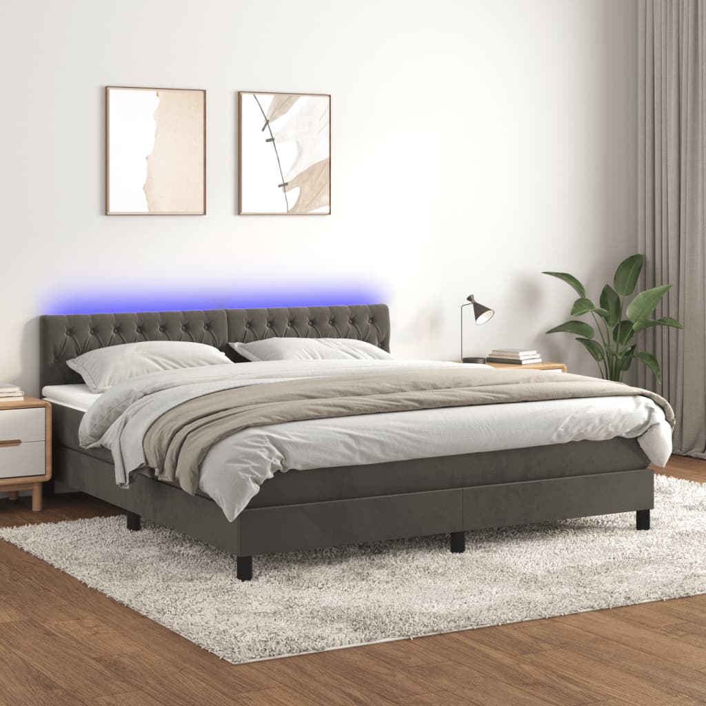 vidaXL Pat cu arcuri, saltea și LED, gri închis, 160x200 cm, catifea vidaXL Pat cu arcuri, saltea și LED, gri închis, 160x200 cm, catifea