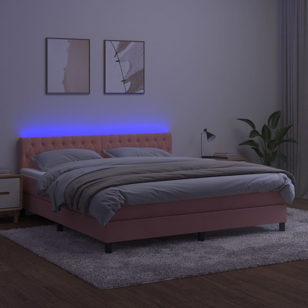 vidaXL Pat cu arcuri, saltea și LED, roz, 160x200 cm, catifea