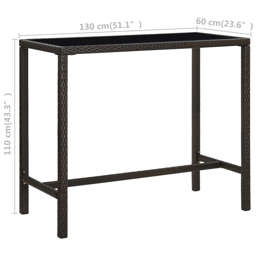 vidaXL Masă de bar de grădină, maro, 130x60x110cm, poliratan și sticlă vidaXL Masă de bar de grădină, maro, 130x60x110cm, poliratan și sticlă