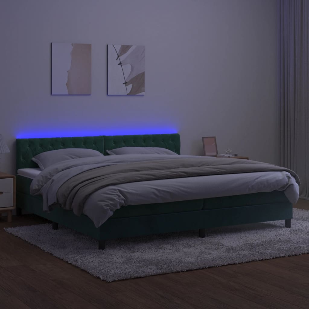 vidaXL Pat cu arcuri, saltea și LED, verde închis, 200x200 cm, catifea