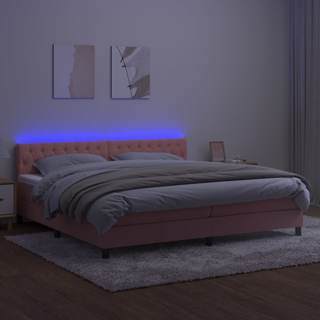 vidaXL Pat cu arcuri, saltea & LED, roz, 200x200 cm, catifea