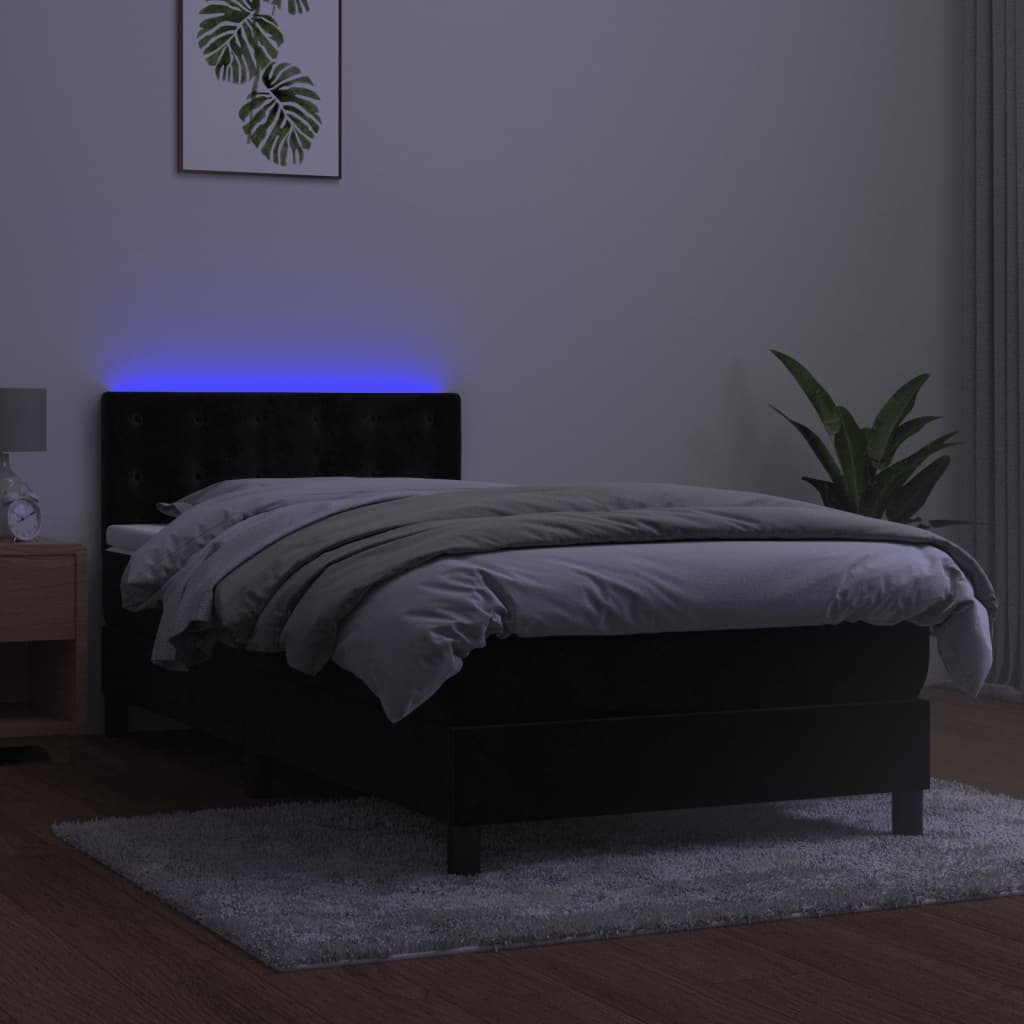 vidaXL Pat cu arcuri, saltea și LED, negru, 90x190 cm, catifea