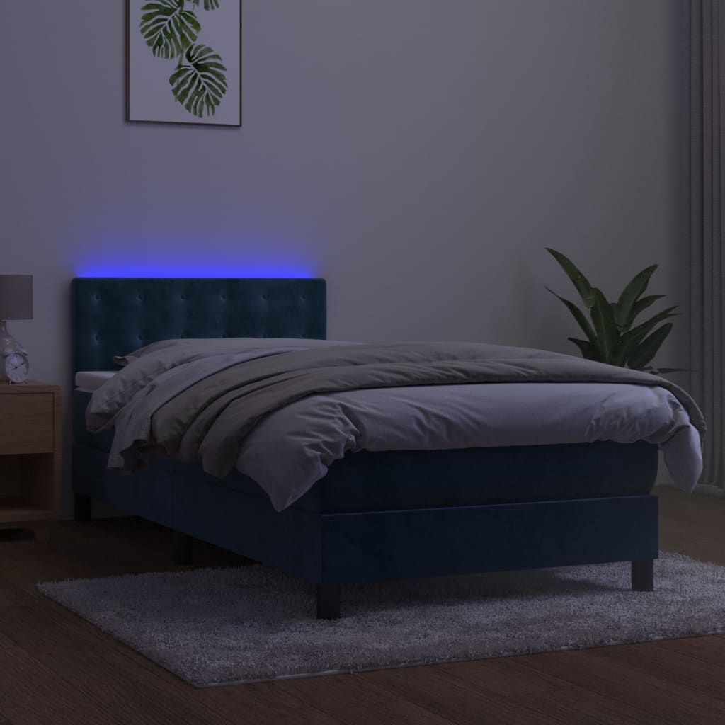 vidaXL Pat cu arcuri, saltea și LED, bleumarin, 90x190 cm, catifea