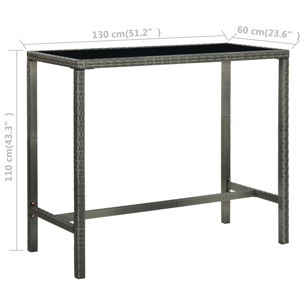vidaXL Masă de bar de grădină, gri, 130x60x110 cm, poliratan și sticlă vidaXL Masă de bar de grădină, gri, 130x60x110 cm, poliratan și sticlă