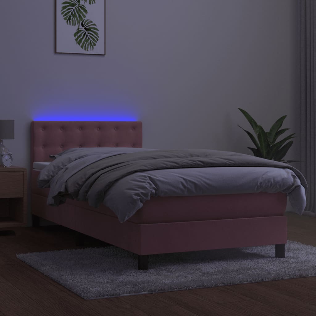 vidaXL Pat cu arcuri, saltea și LED, roz, 90x190 cm, catifea