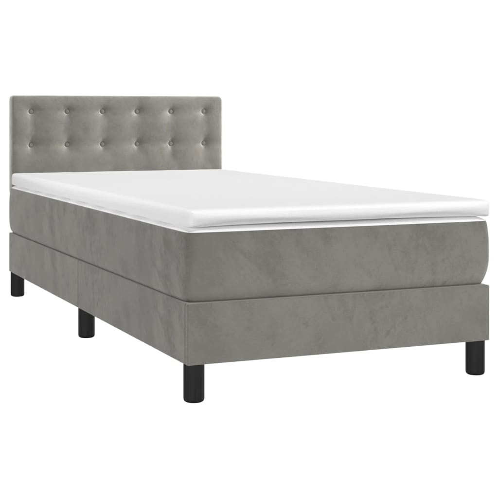 vidaXL Pat cu arcuri, saltea și LED, gri deschis, 90x200 cm, catifea vidaXL Pat cu arcuri, saltea și LED, gri deschis, 90x200 cm, catifea