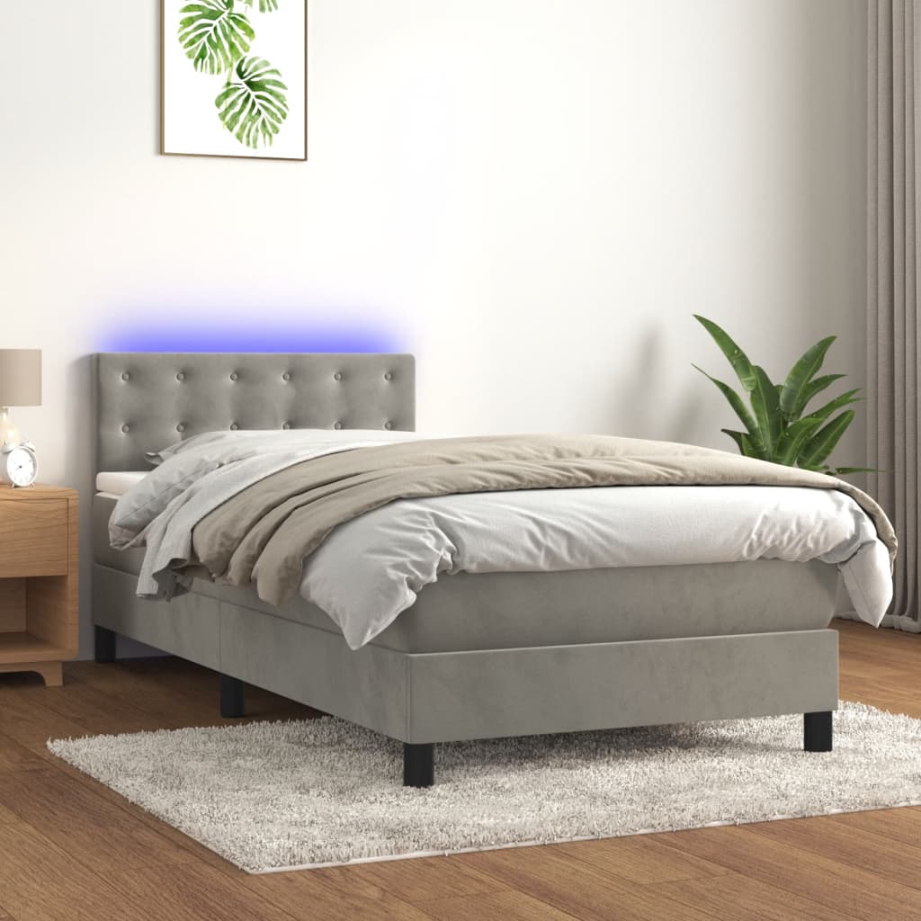 vidaXL Pat cu arcuri, saltea și LED, gri deschis, 90x200 cm, catifea vidaXL Pat cu arcuri, saltea și LED, gri deschis, 90x200 cm, catifea