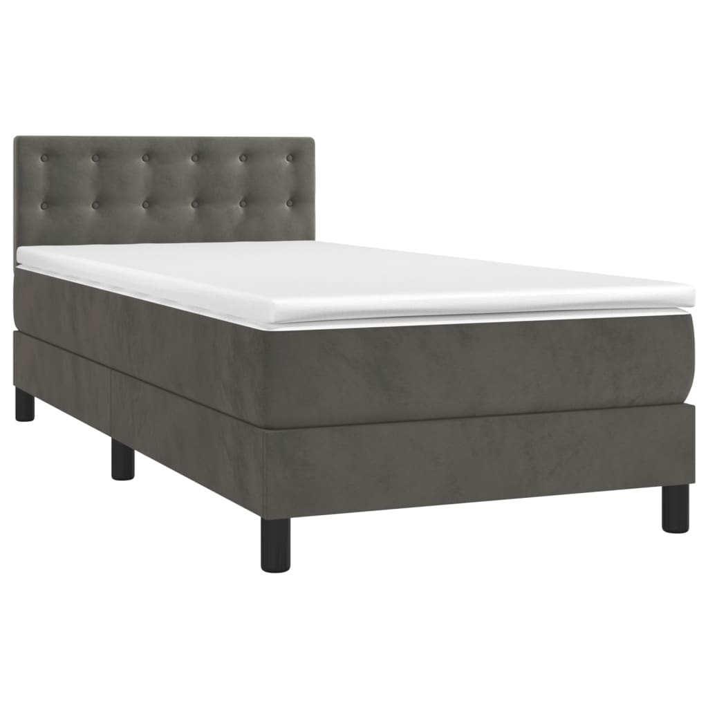 vidaXL Pat cu arcuri, saltea și LED, gri închis, 90x200 cm, catifea