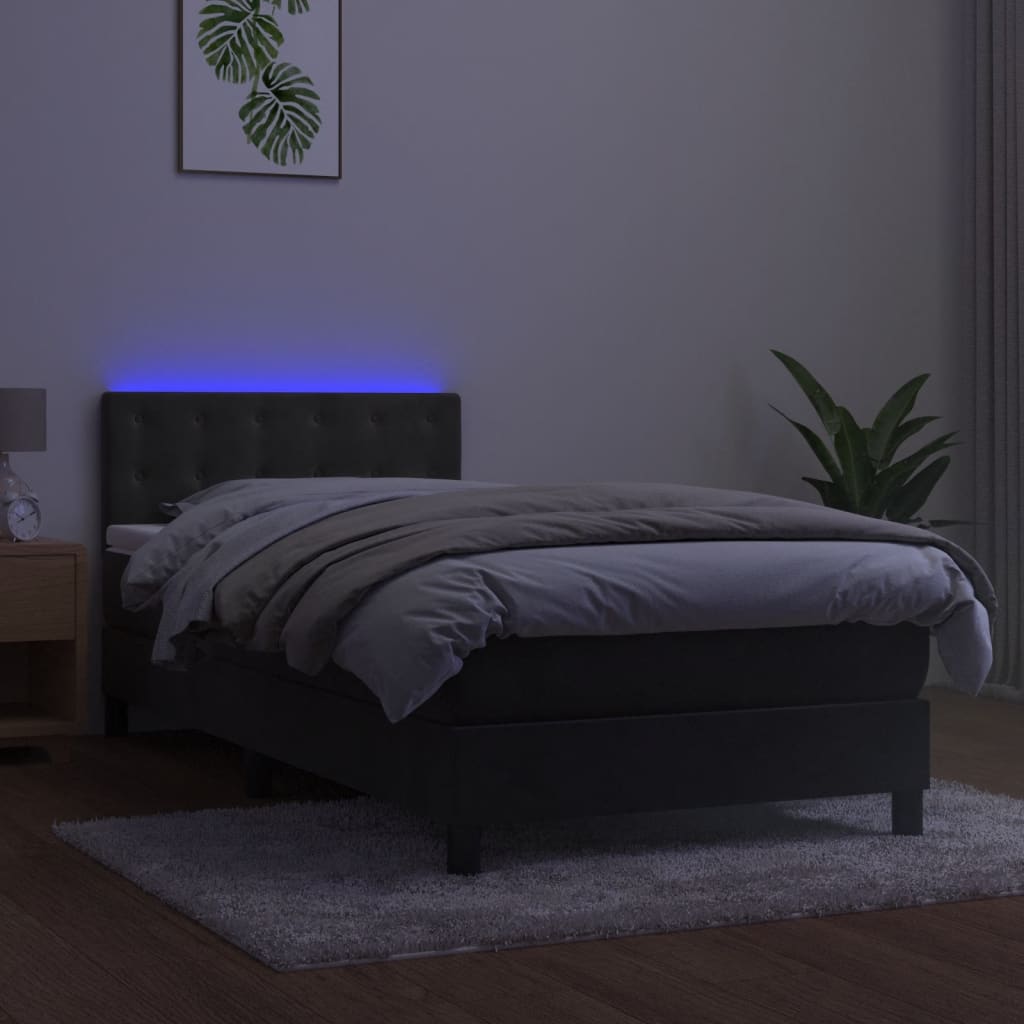 vidaXL Pat cu arcuri, saltea și LED, gri închis, 90x200 cm, catifea