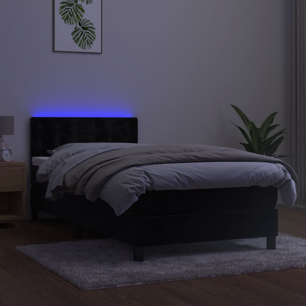 vidaXL Pat cu arcuri, saltea și LED, negru, 90x200 cm, catifea vidaXL Pat cu arcuri, saltea și LED, negru, 90x200 cm, catifea