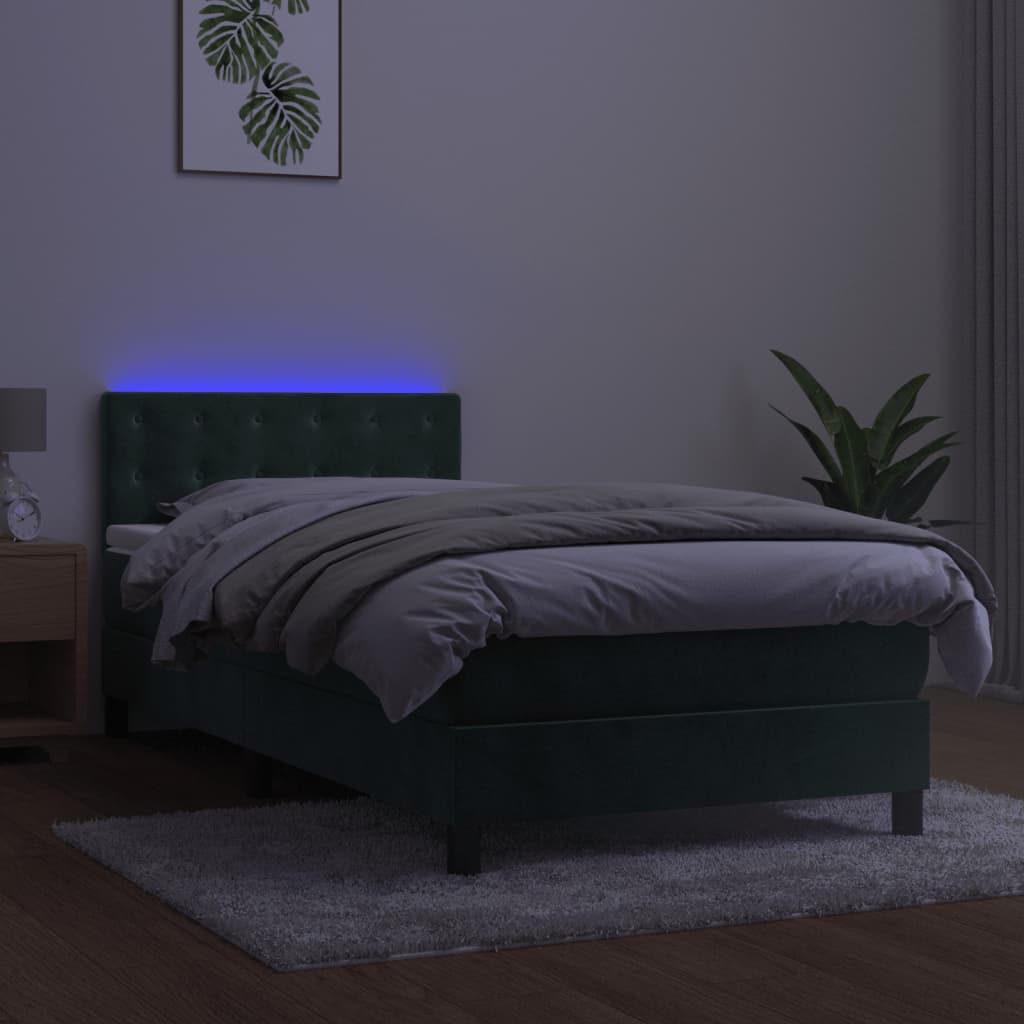 vidaXL Pat cu arcuri, saltea și LED, verde închis, 100x200 cm, catifea