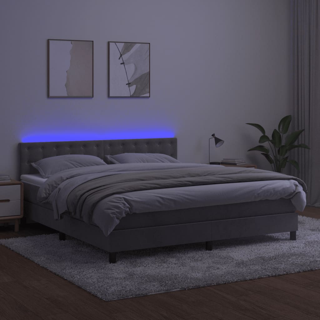 vidaXL Pat cu arcuri, saltea și LED, gri deschis, 180x200 cm, catifea