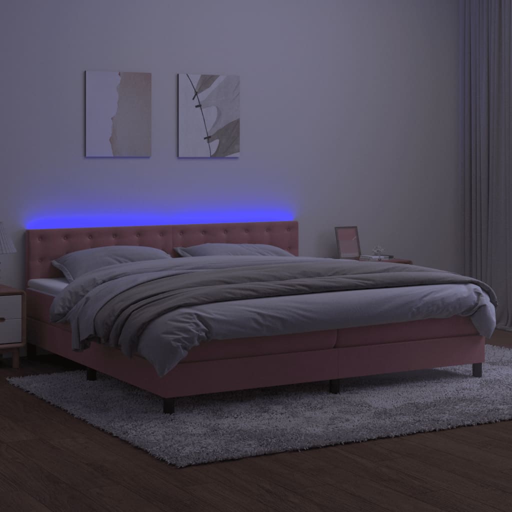 vidaXL Pat cu arcuri, saltea & LED, roz, 200x200 cm, catifea