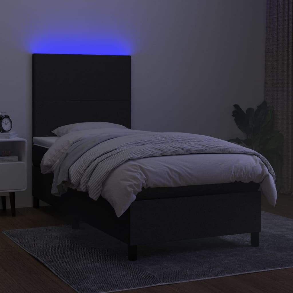 vidaXL Pat cu arcuri, saltea și LED, negru, 90x190 cm, textil