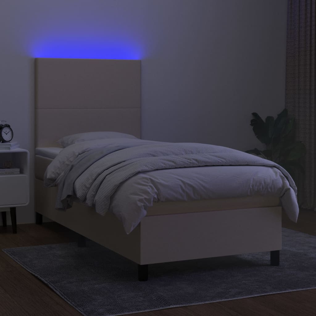 vidaXL Pat cu arcuri, saltea și LED, crem, 90x190 cm, textil