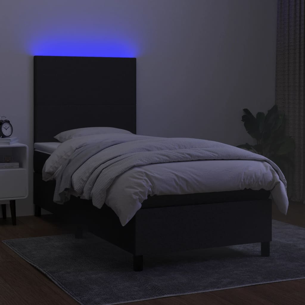 vidaXL Pat cu arcuri, saltea și LED, negru, 90x200 cm, textil