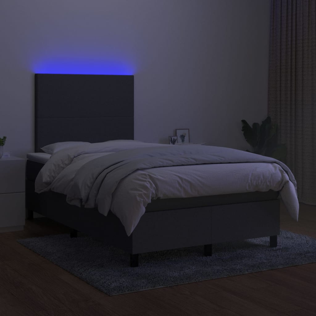 vidaXL Pat cu arcuri, saltea și LED, gri închis, 120x200 cm, textil