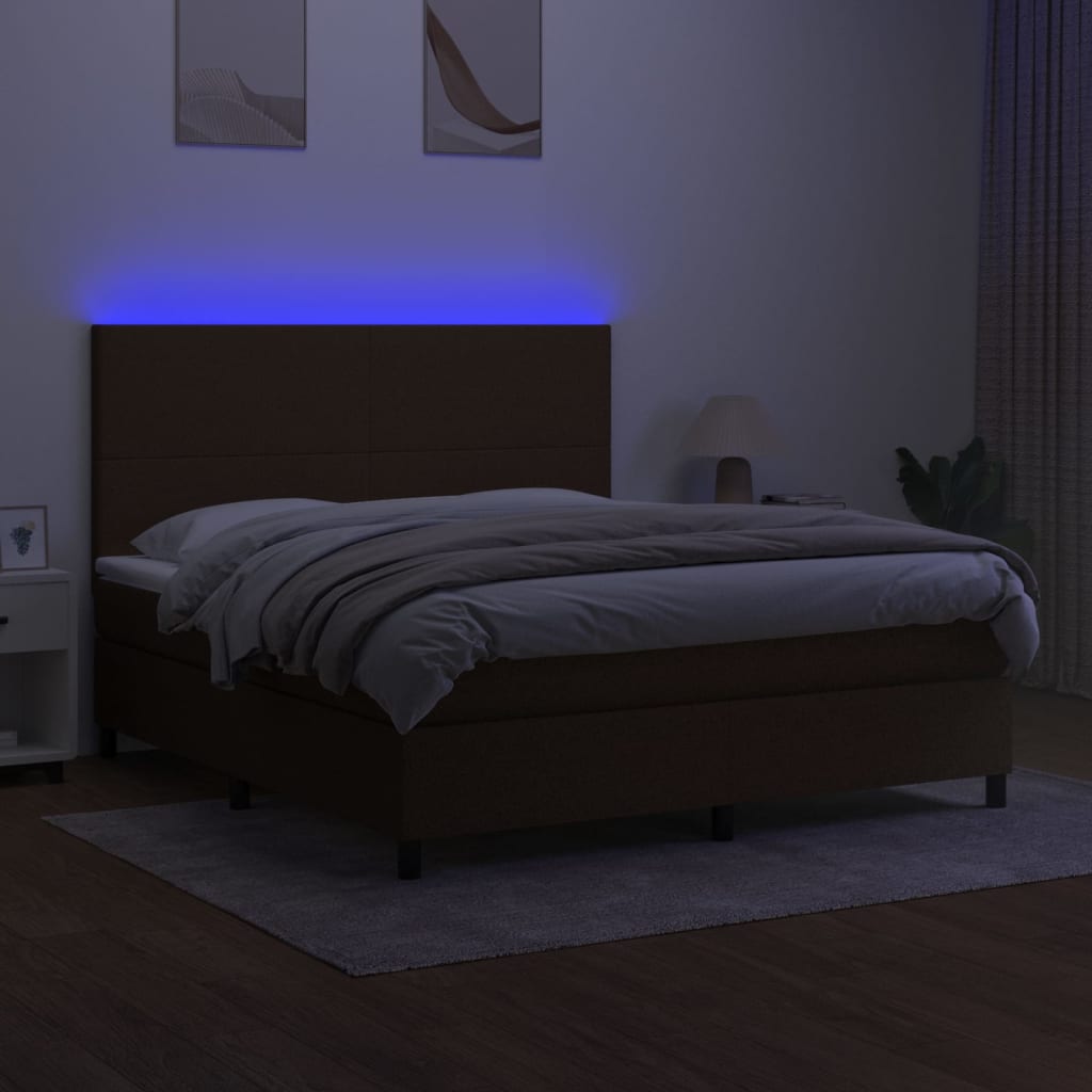 vidaXL Pat cu arcuri, saltea și LED, maro închis, 180x200 cm, textil
