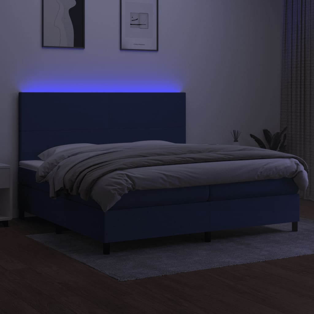 vidaXL Pat cu arcuri, saltea și LED, albastru, 200x200 cm, textil