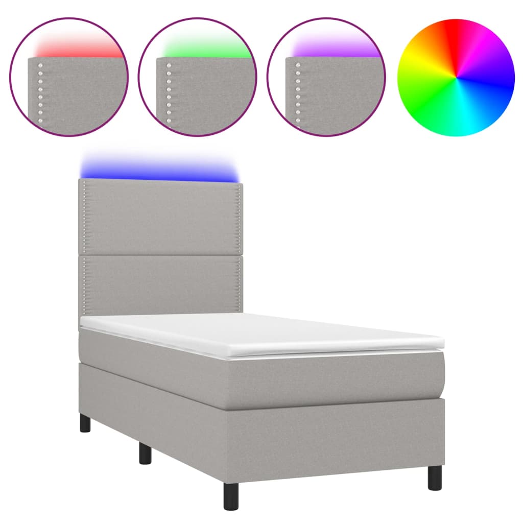 vidaXL Pat cu arcuri, saltea și LED, gri deschis, 90x200 cm, textil vidaXL Pat cu arcuri, saltea și LED, gri deschis, 90x200 cm, textil