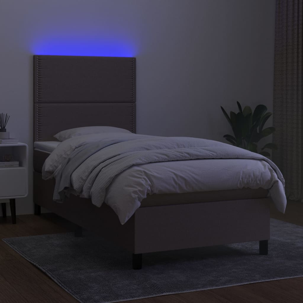 vidaXL Pat cu arcuri, saltea și LED, gri taupe, 90x200 cm, textil
