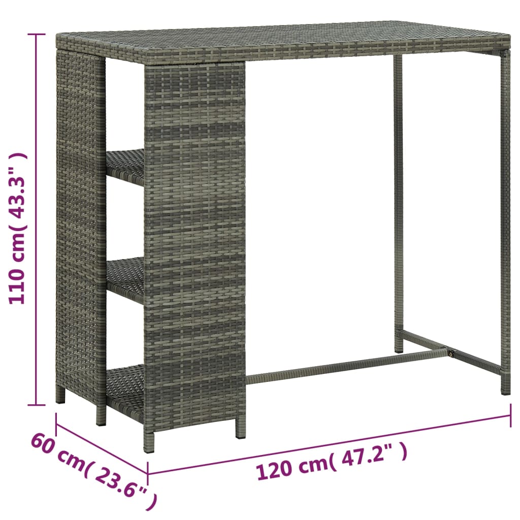 vidaXL Masă de bar cu raft de depozitare, gri 120x60x110 cm, poliratan vidaXL Masă de bar cu raft de depozitare, gri 120x60x110 cm, poliratan