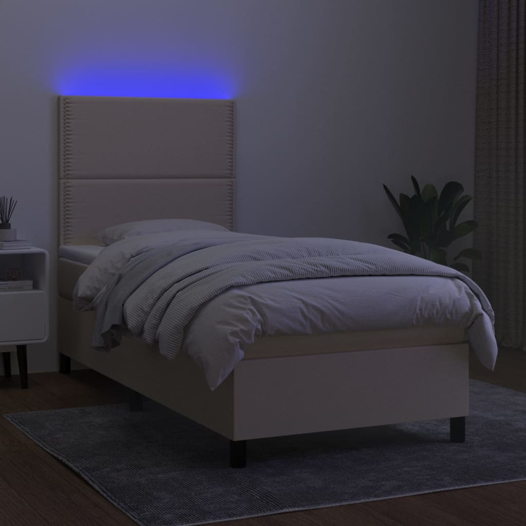 vidaXL Pat cu arcuri, saltea și LED, crem, 90x200 cm, textil