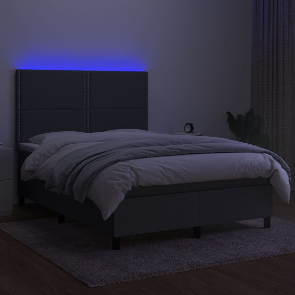 vidaXL Pat cu arcuri, saltea și LED, gri închis, 140x200 cm, textil