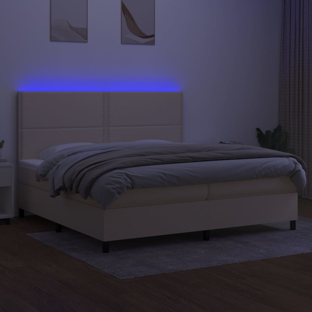 vidaXL Pat cu arcuri, saltea și LED, crem, 200x200 cm, textil
