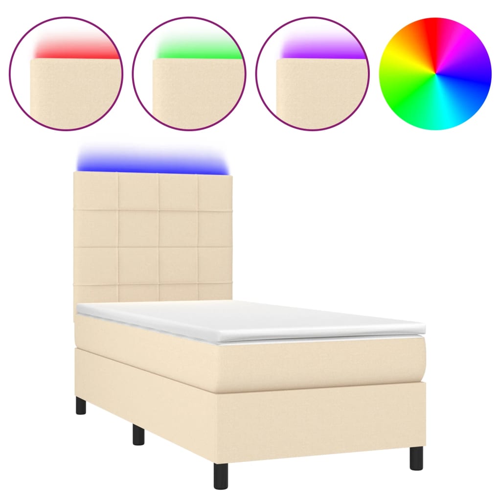 vidaXL Pat cu arcuri, saltea și LED, crem, 90x200 cm, textil vidaXL Pat cu arcuri, saltea și LED, crem, 90x200 cm, textil