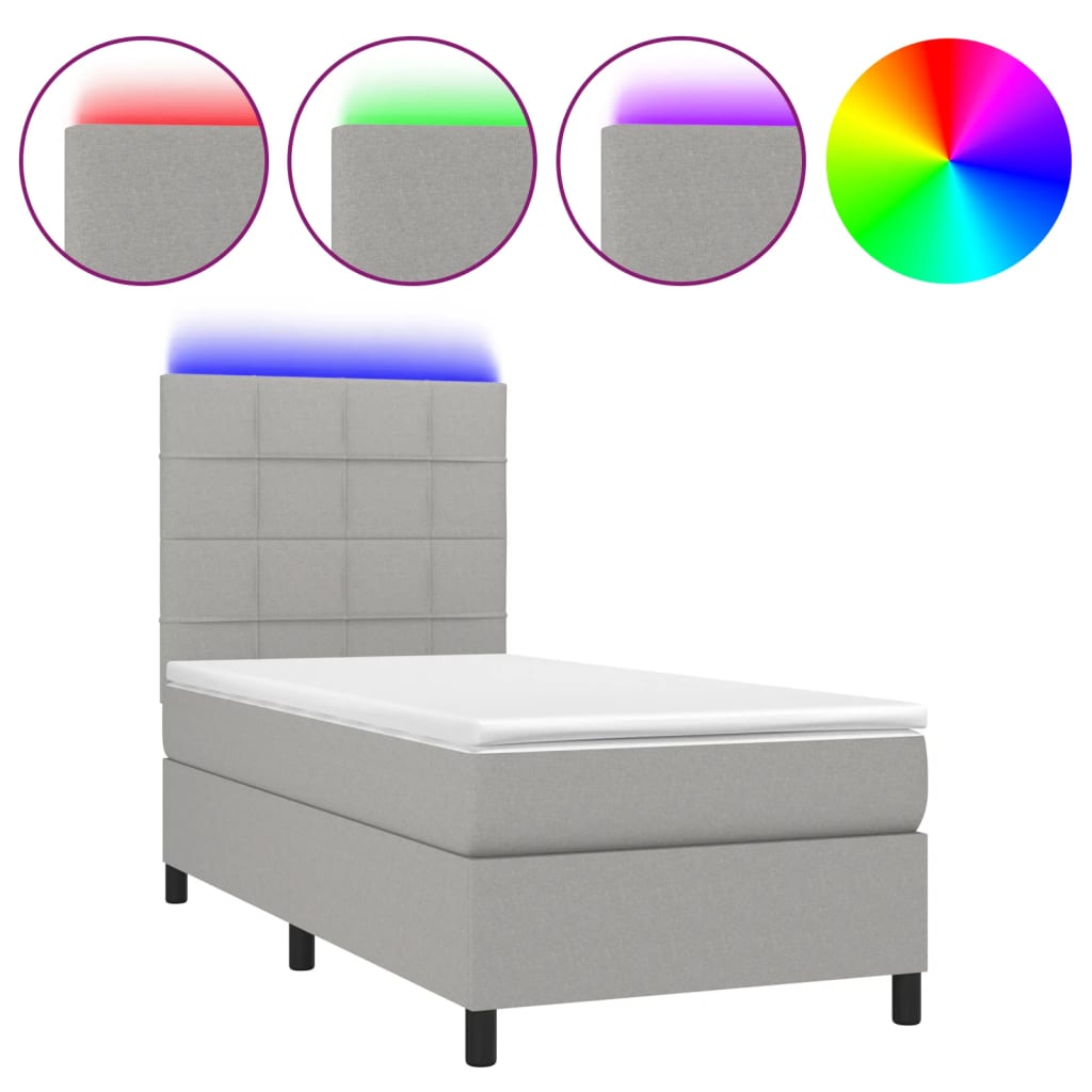 vidaXL Pat cu arcuri, saltea și LED, gri deschis, 100x200 cm, textil vidaXL Pat cu arcuri, saltea și LED, gri deschis, 100x200 cm, textil