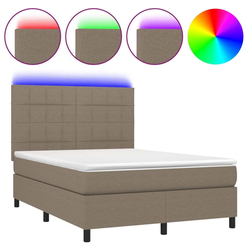 vidaXL Pat cu arcuri, saltea și LED, gri taupe, 140x190 cm, textil vidaXL Pat cu arcuri, saltea și LED, gri taupe, 140x190 cm, textil