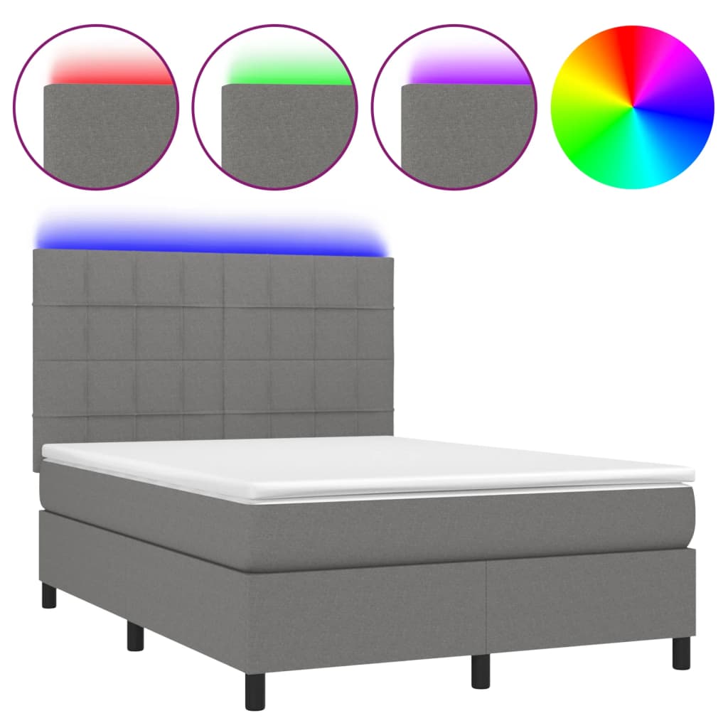 vidaXL Pat cu arcuri, saltea și LED, gri închis, 140x200 cm, textil vidaXL Pat cu arcuri, saltea și LED, gri închis, 140x200 cm, textil