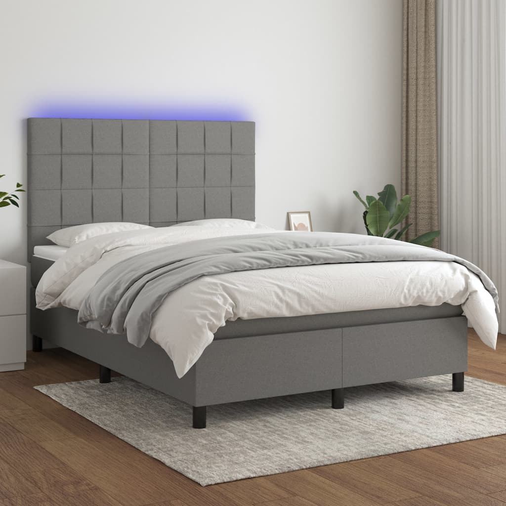 vidaXL Pat cu arcuri, saltea și LED, gri închis, 140x200 cm, textil vidaXL Pat cu arcuri, saltea și LED, gri închis, 140x200 cm, textil