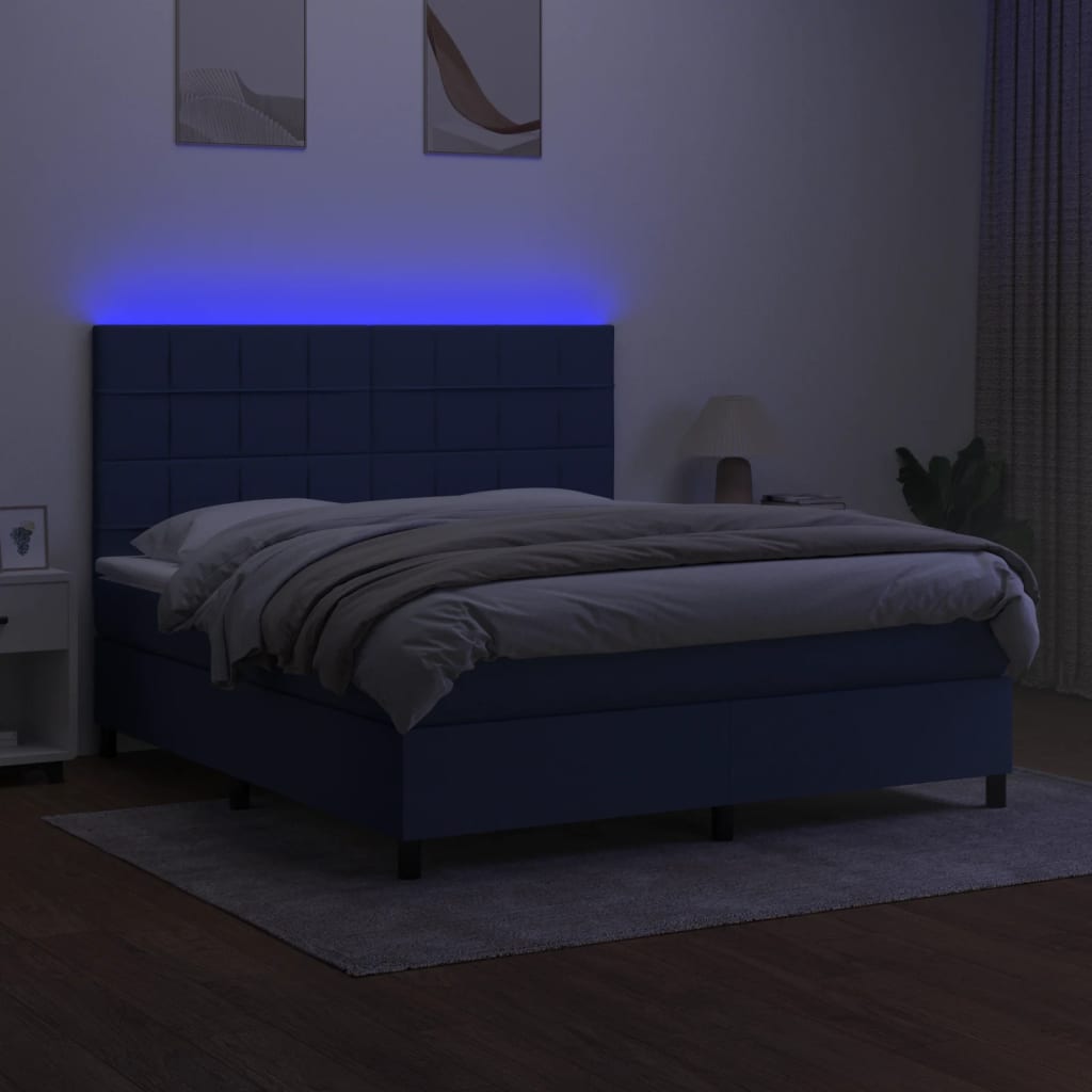 vidaXL Pat cu arcuri, saltea și LED, albastru, 180x200 cm, textil