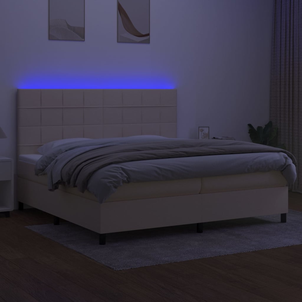 vidaXL Pat cu arcuri, saltea și LED, crem, 200x200 cm, textil