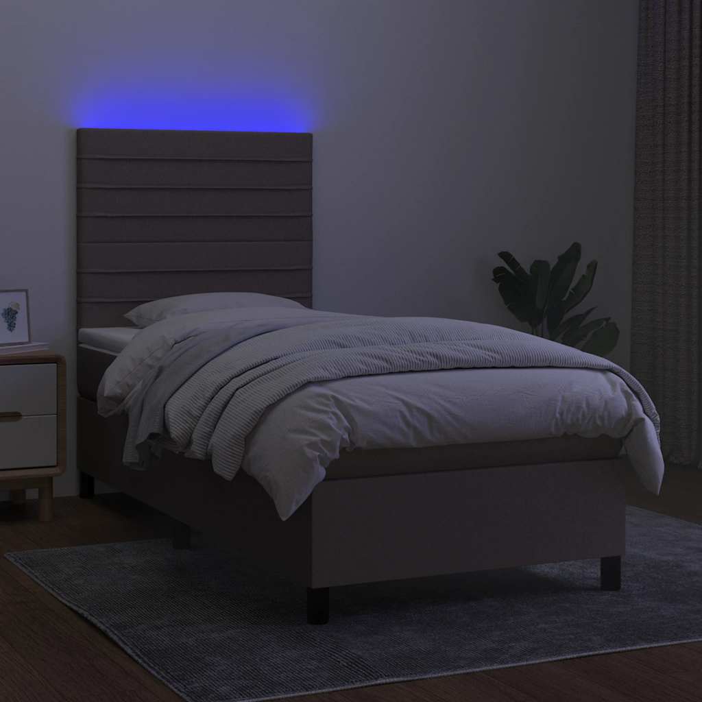 vidaXL Pat cu arcuri, saltea și LED, gri taupe, 90x190 cm, textil