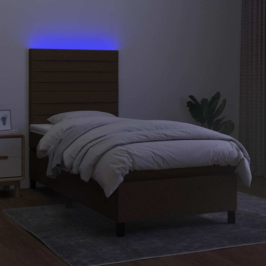 vidaXL Pat cu arcuri, saltea și LED, maro închis, 90x200 cm, textil