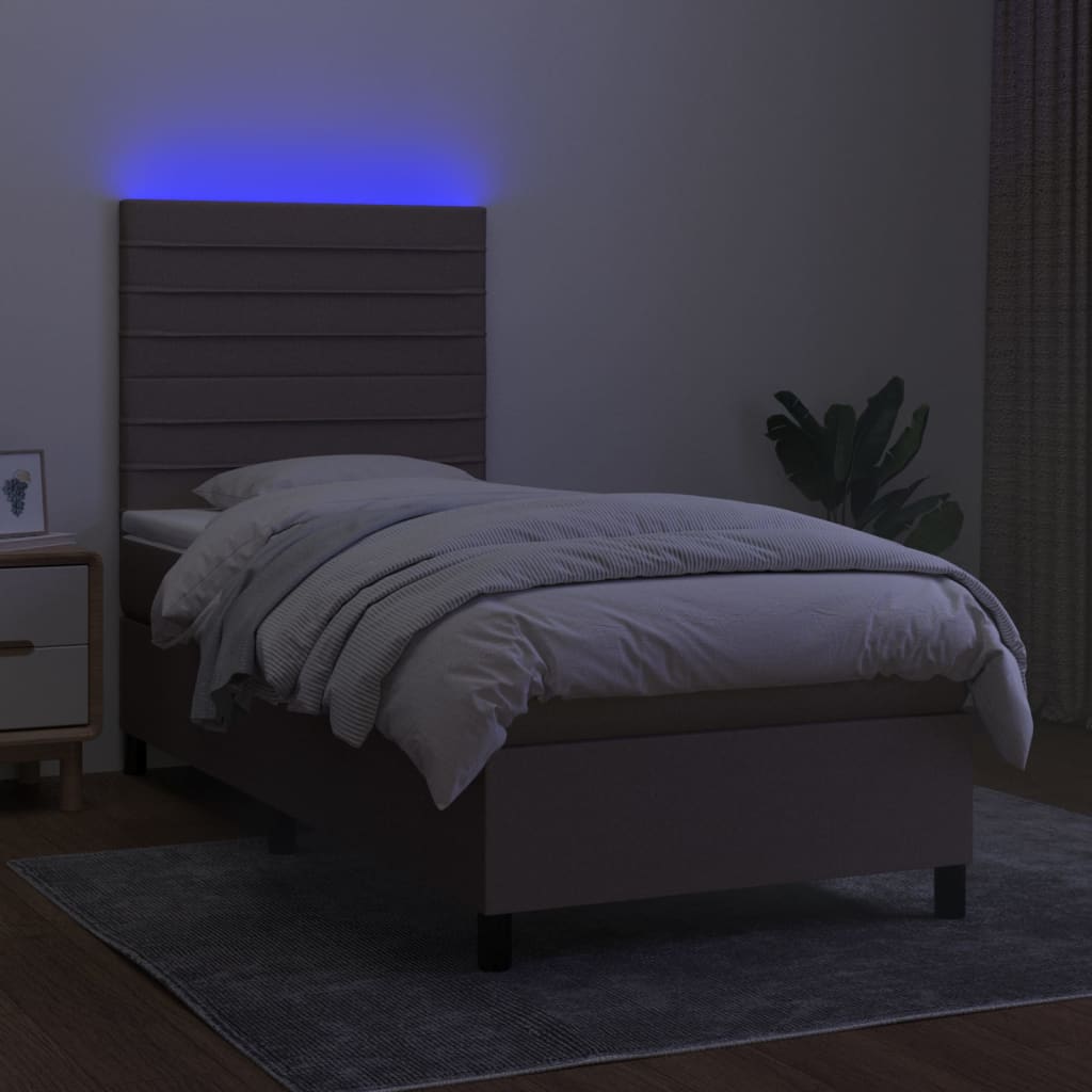 vidaXL Pat cu arcuri, saltea și LED, gri taupe, 90x200 cm, textil