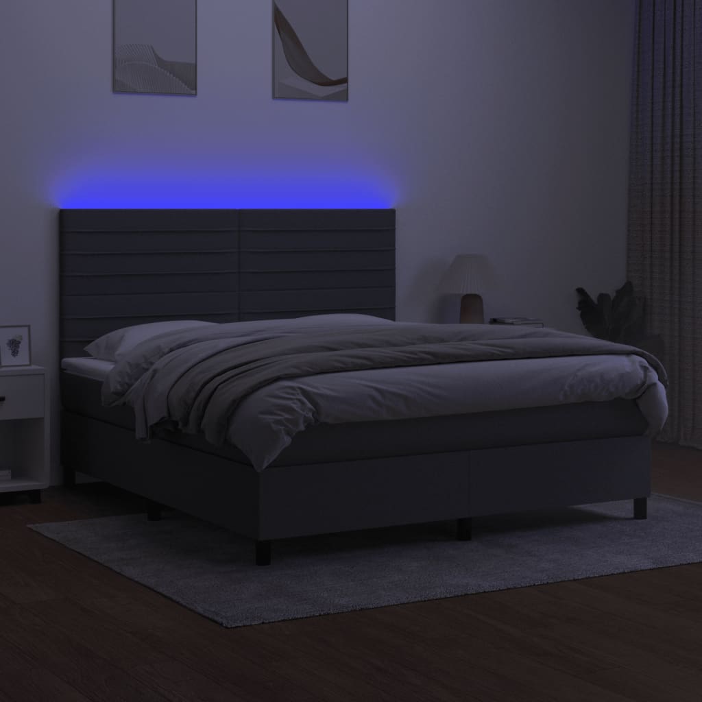 vidaXL Pat cu arcuri, saltea și LED, gri închis, 180x200 cm, textil